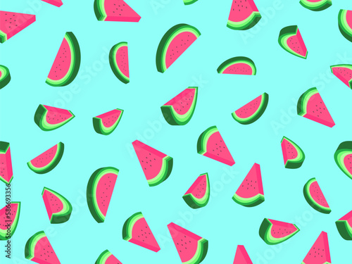 Watermelon seamless pattern in 3d style. Isometric slices of watermelon with seeds on a blue background. Design for posters, wallpaper, print promotional items. Vector illustration