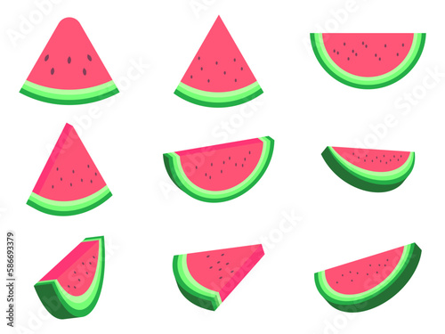 Watermelon set isolated on white background. Flat and 3d icons of watermelon slices. Watermelon with seeds. Design for printing on poster, banner and promotional materials. Vector illustration