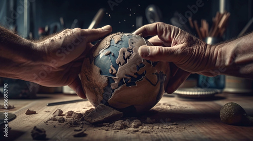 Close-up of a man's hands shaping a globe of the earth - Ai generative