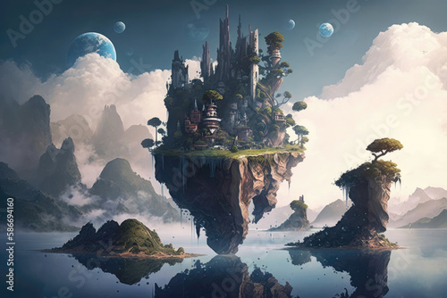 Fantasy Landscape With Floating Islands And Castles. Generative AI photo