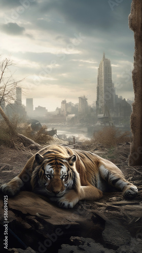 Post apocalyptic scenario with nature and animals that have repossessed the urbanized areas - Ai generative photo