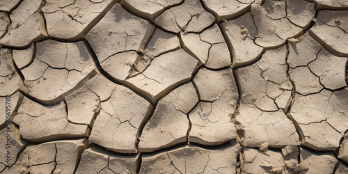 Close up view texture of cracked dry soil, natural disaster, concept of global warming effect. Generative AI
