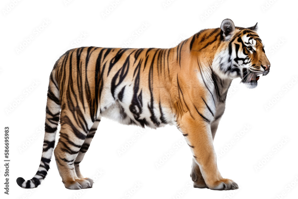 an isolated Bengal tiger walking side view, majestic, stalking prey, fierce jungle-themed photorealistic illustration on a transparent background in PNG. horizontal. Generative AI