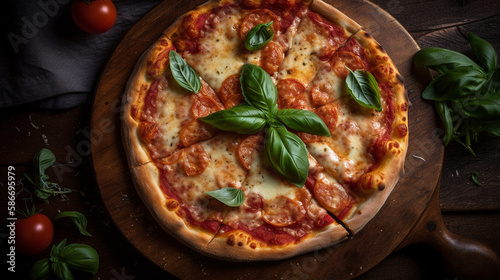 Pizza with salami, mozzarella cheese and basil on wooden background.generative ai