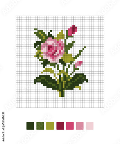 Floral embroidery. Cross stitch rose. Cartoon flat style. Vector illustration