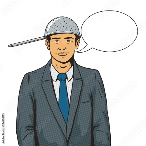 Man with strainer on head pop art style PNG illustration with transparent background photo