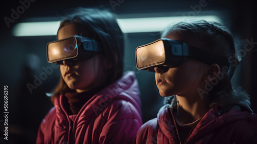 Two little children, boy and girl, playing with virtual reality glasses.generative ai