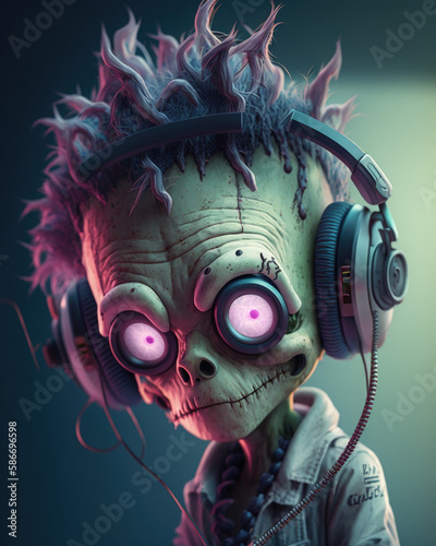 Illustrated portrait of a cute toy animated Halloween zombie monster on a gradient background 
