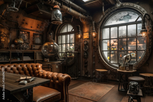 Steampunk Room With Wall With Fish Tank. Generative AI © Ян Заболотний