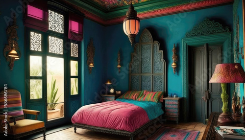 Moroccan Style A Vibrant Bedroom With Jewel. Generative AI