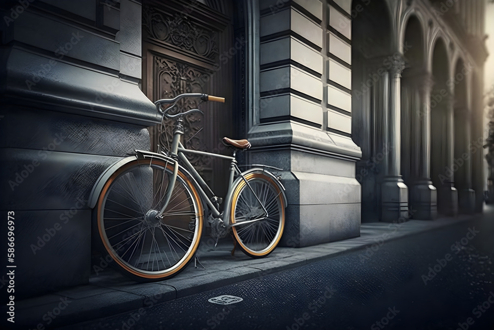 Retro city bike near building on city streets, Generative AI Retro city bike near building on city streets, Generative AI
