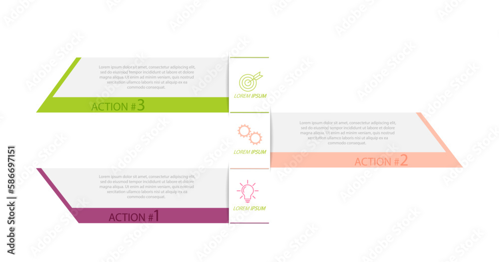 3 stages of development, improvement or training. Infographics with visual action icons for business, finance, project, plan or marketing