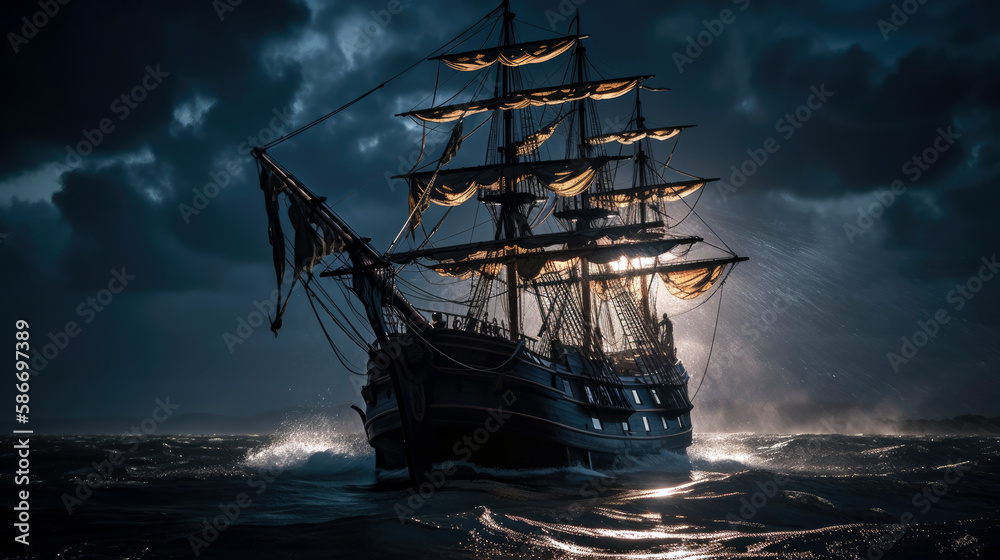 Fototapeta premium Ship with dark clouds and a choppy ocean, ancient pirate warship diving through the sea (created with Generative AI)