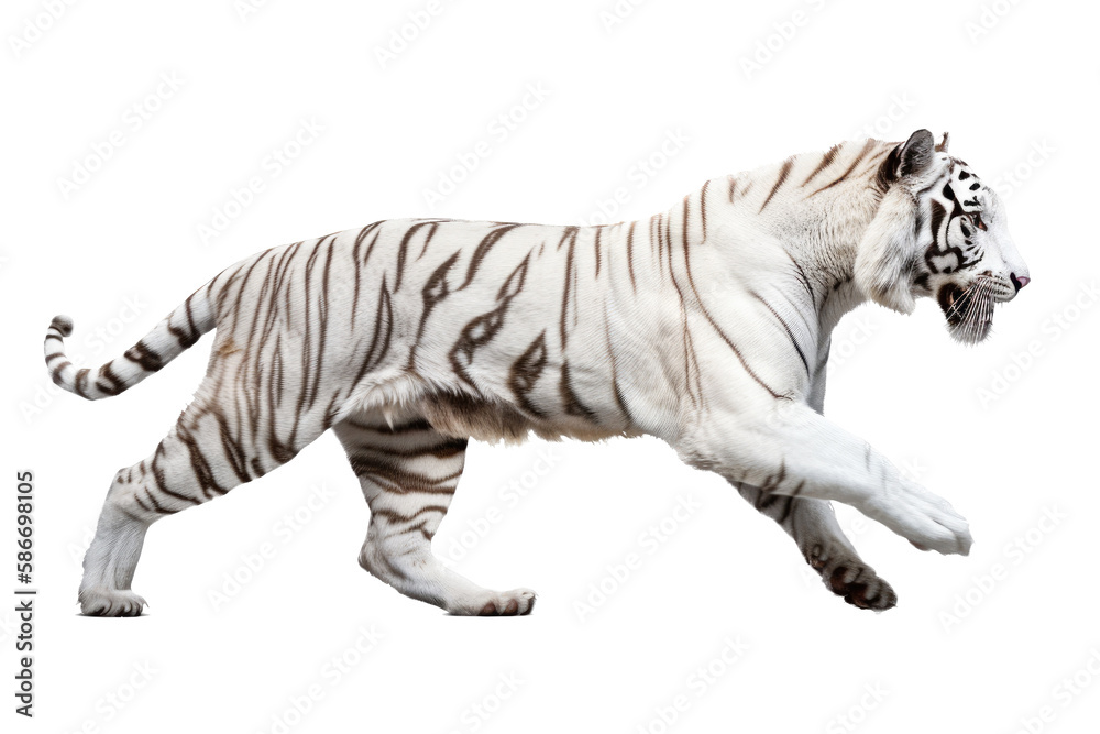 Naklejka premium an isolated white tiger walking, prowling, side-view portrait, jungle-themed photorealistic illustration on a transparent background cutout in PNG, generative ai
