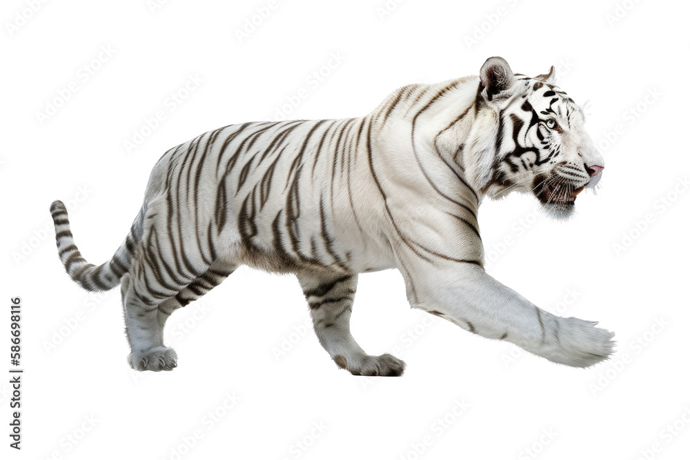 Obraz premium an isolated white tiger walking, prowling, side-view portrait, jungle-themed photorealistic illustration on a transparent background cutout in PNG, generative ai