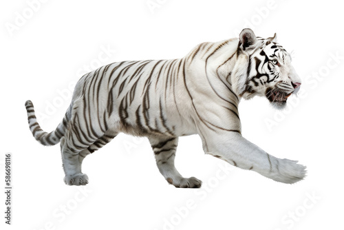 an isolated white tiger walking, prowling, side-view portrait, jungle-themed photorealistic illustration on a transparent background cutout in PNG, generative ai