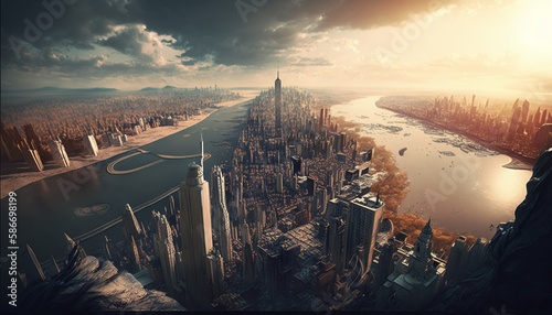 A City of Possibilities with a Fictional Spectacular View of New York from Above with an Unexpected Guest Generated by AI
