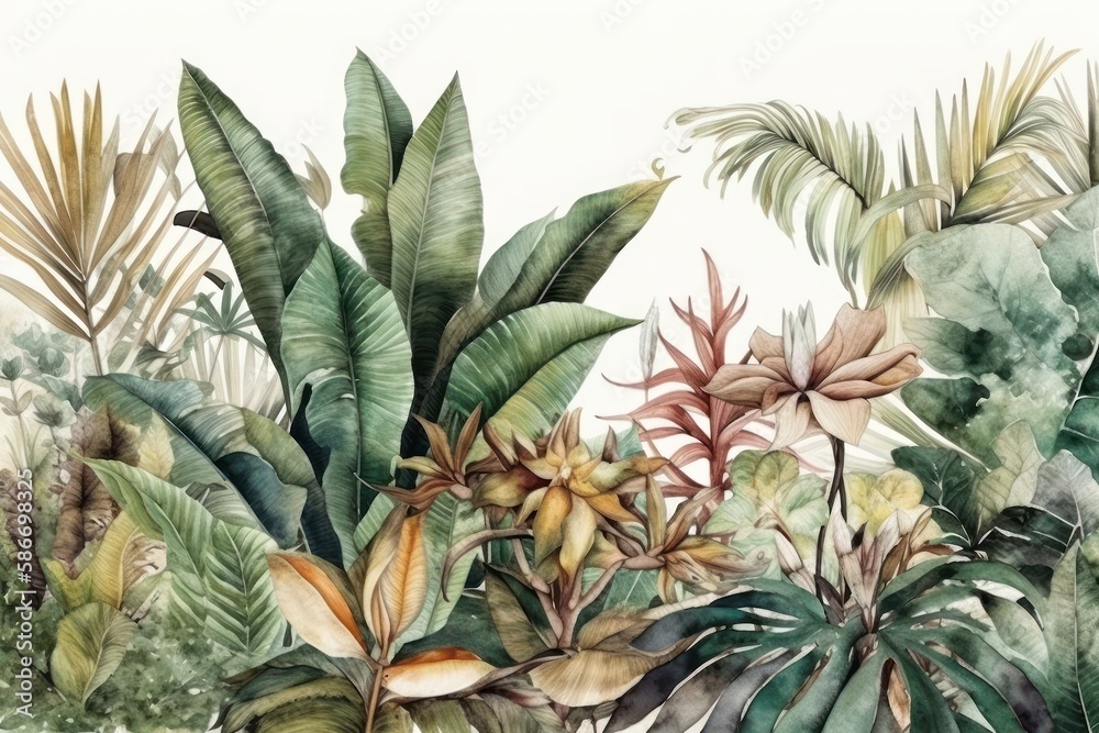 Tropical Plants Watercolor Isolated on White Background