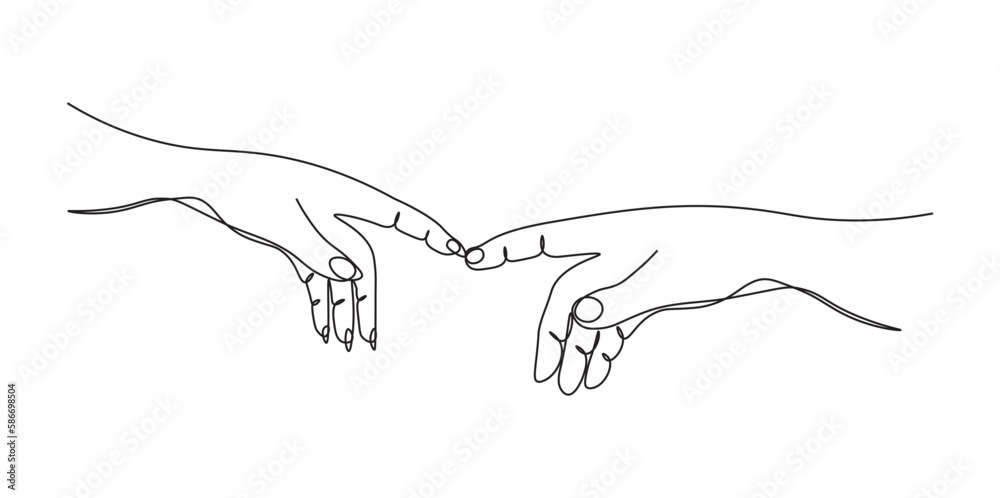 Fototapeta premium Continuous one line drawing two hands touch each other. Reconciliation concept. The concept of tender relationships, mutual assistance
