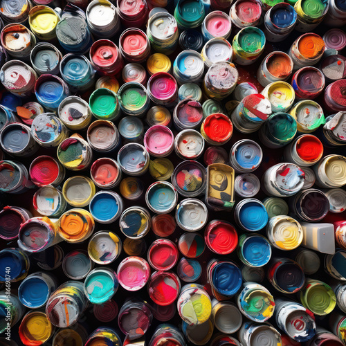 Painter's Palette Unleashed: A Top-Down View of Colorful Artist Paint Cans, Generative AI