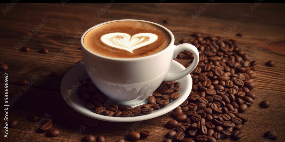 Obraz premium Cup of latte with coffee beans in the shape of a heart on a wooden table. - Generative AI