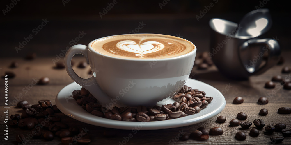 Cup of latte with coffee beans in the shape of a heart on a wooden table. - Generative AI Cup of latte with coffee beans in the shape of a heart on a wooden table. - Generative AI