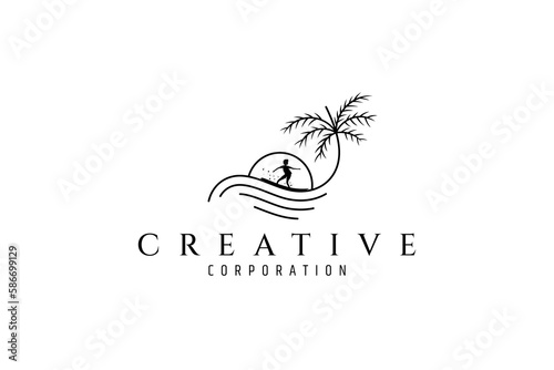surfer boy logo above the waves on the background of the sun and coconut trees