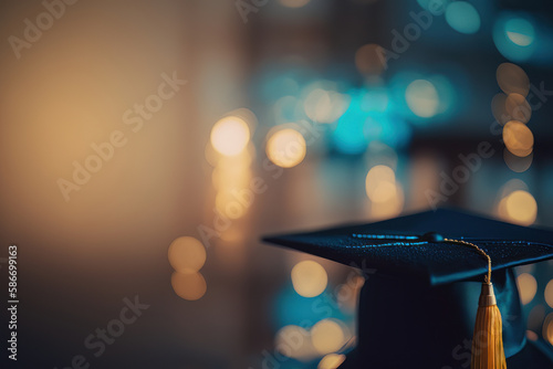graduation celebration background blur bokeh dark blue. Illustrator AI Genera...