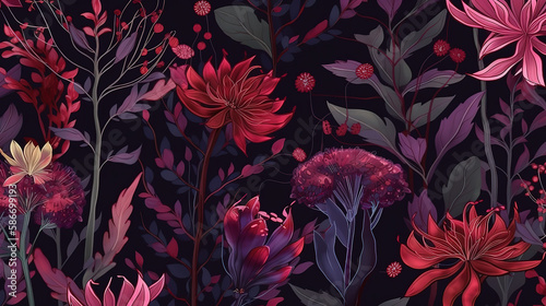 seamless floral pattern, wild red purple flowers, botanical illustration. Generative Ai