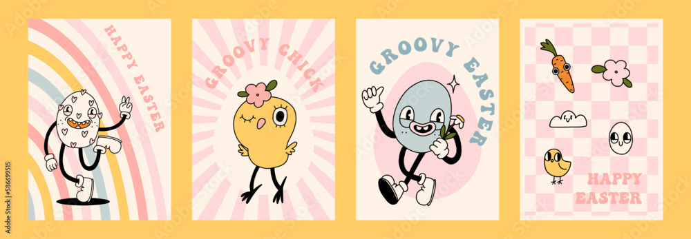 Groovy Easter poster print set. Spring bright character mascot cards in retro cartoon style. Cute easter egg, bunny, chick, daisy flower. Happy Easter postcard. Hand drawn isolated vector illustration Groovy Easter poster print set. Spring bright character mascot cards in retro cartoon style. Cute easter egg, bunny, chick, daisy flower. Happy Easter postcard. Hand drawn isolated vector illustration