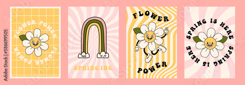 Funny daisy flower poster set. Groovy summer, spring chamomile characters, smiling faces. Cartoon hippie 70s print collection. Vector logo cards in trendy retro style. Bloom floral elements