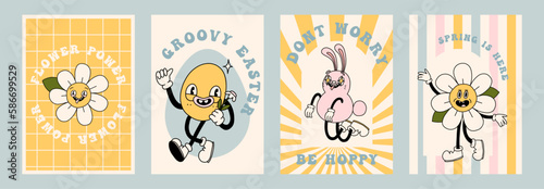 Groovy Easter poster print set. Spring bright character mascot cards in retro cartoon style. Cute easter egg, bunny, chick, daisy flower. Happy Easter postcard. Hand drawn isolated vector illustration
