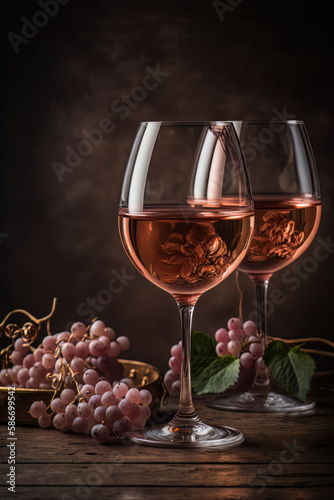 Glasses of pink rose wine in the light background. Illustrator AI Generative