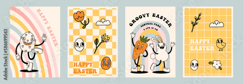 Groovy Easter poster print set. Spring bright character mascot cards in retro cartoon style. Cute easter egg, bunny, carot, daisy flower. Happy Easter postcard. Hand drawn isolated vector illustration