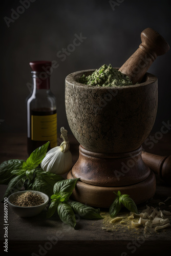 Sicilian Pesto in a pestle and mortar. Illustrator AI Generative