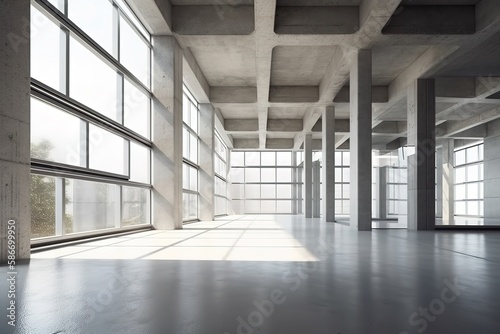 Abstract modern architecture background  empty white open space interior with windows and concrete walls. 3D rendering  Generative AI