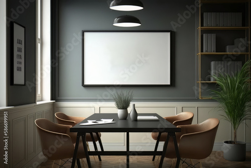 Mockup horizontal frame office meeting room home interior. Illustrator AI Generative © olegganko