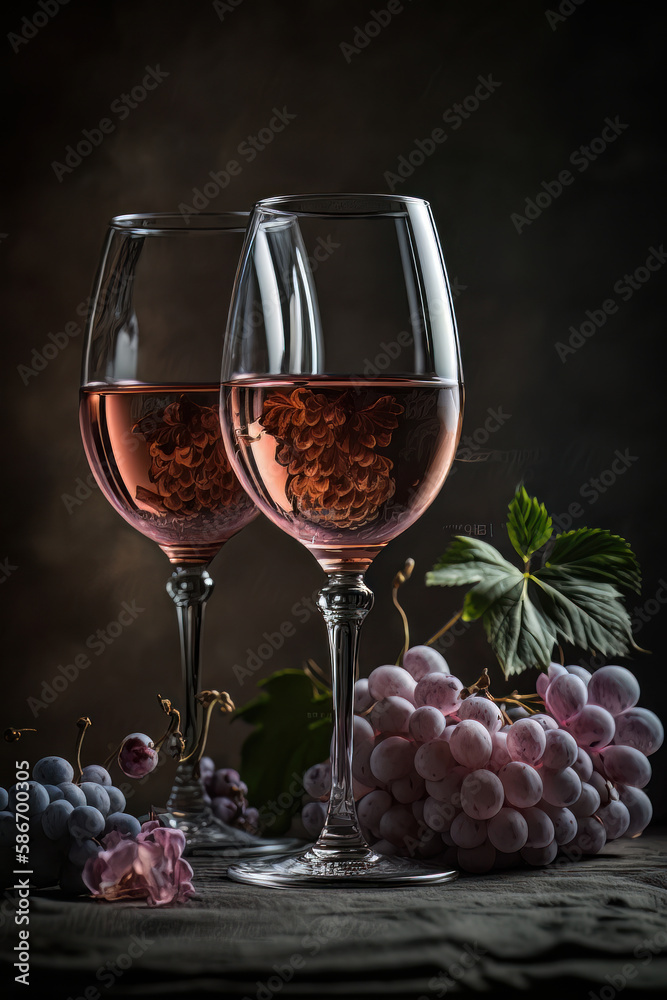 Glasses of pink rose wine in the light background. Illustrator AI Generative