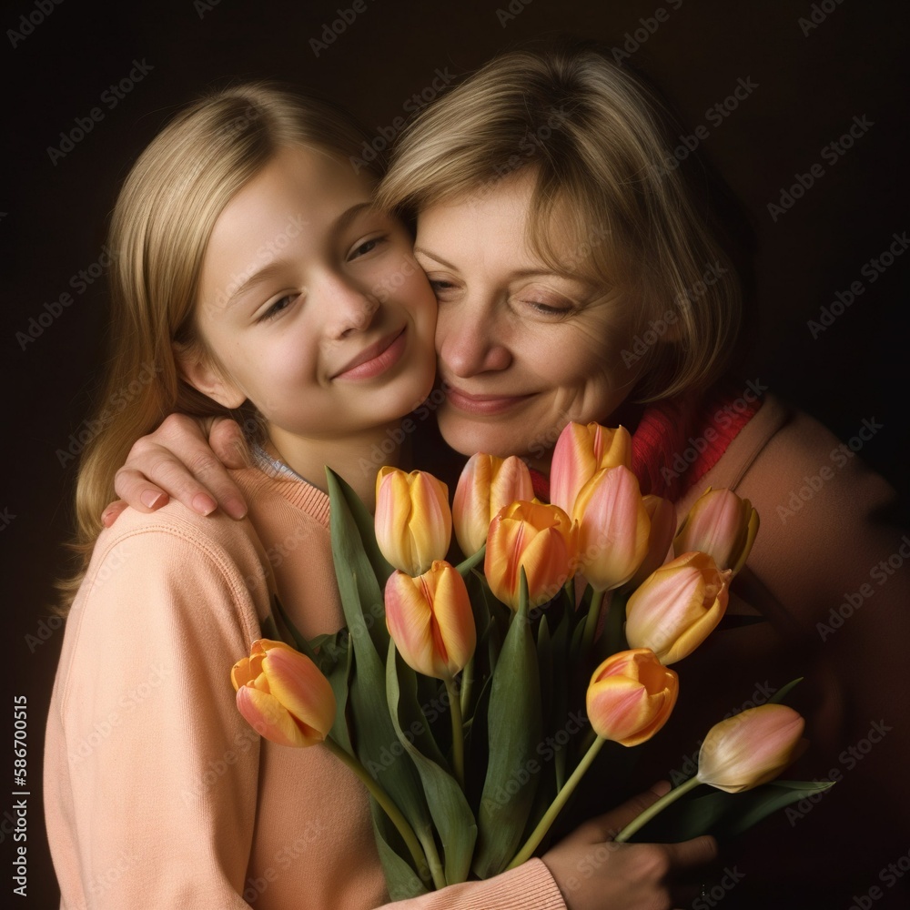 Mother's Day Celebration: Daughter presenting bouquet of tulips to the mother