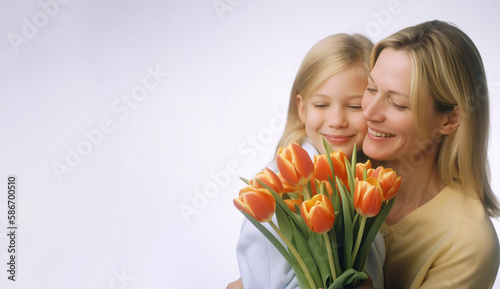 Mother's Day Celebration: Daughter presenting bouquet of tulips to the mother on white background