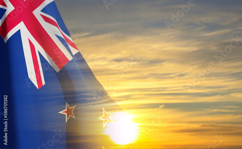 New Zealand flag on background of sky. Patriotic background. EPS10 vector