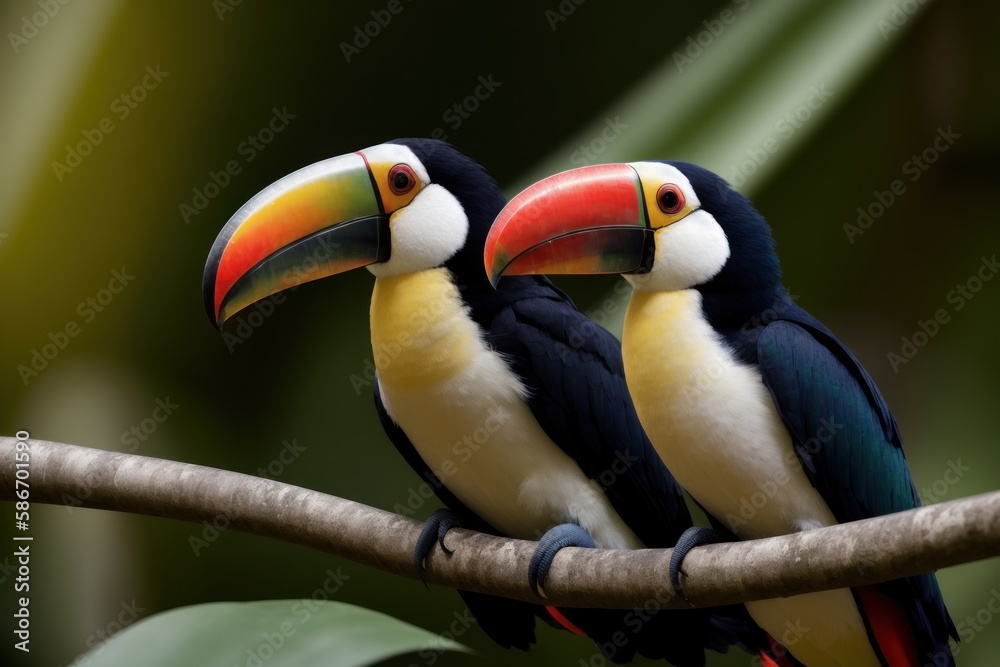 Fototapeta premium Toucan in the treetops in a tropical rainforest. Wildlife concept of ecological environment. Generative AI