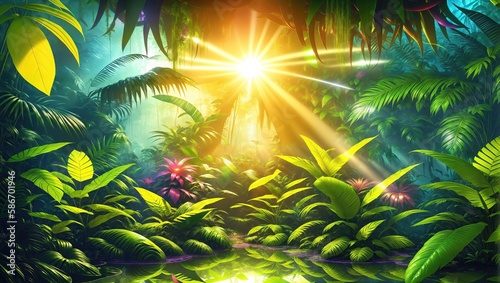 Tropical jungle background with green leaves and sunlight