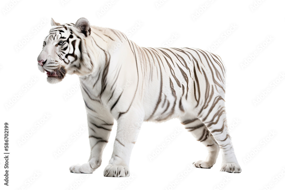 Fototapeta premium an isolated white tiger walking, side-view portrait, jungle-themed photorealistic illustration on a transparent background cutout in PNG, Generative AI