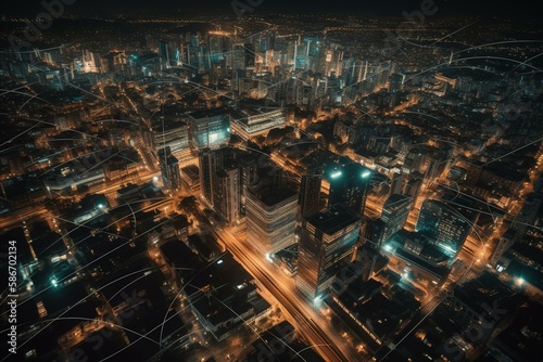 The drone hovers above the city, capturing stunning footage of the intricate network of interconnected lines and dots that power the metropolis. Generative AI