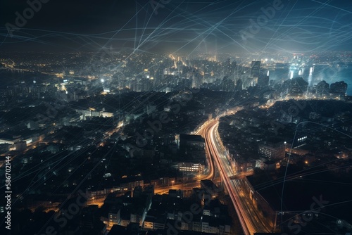 As you approach the city, you can see a vast network of interconnected lines and dots crisscrossing the skyline, like a digital spiderweb. Generative AI