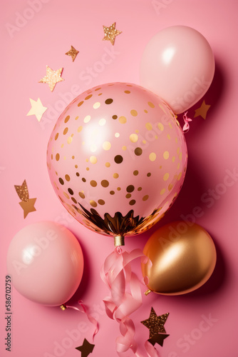 Party balloon pink background with little golden stars. Illustrator AI Genera...