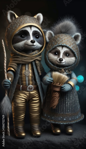 Exclusive toy pair of raccoons. In expensive clothes. Made from yarn and lurex. Toy, decorative gift for children. Character in children's books and stories. Created with AI.