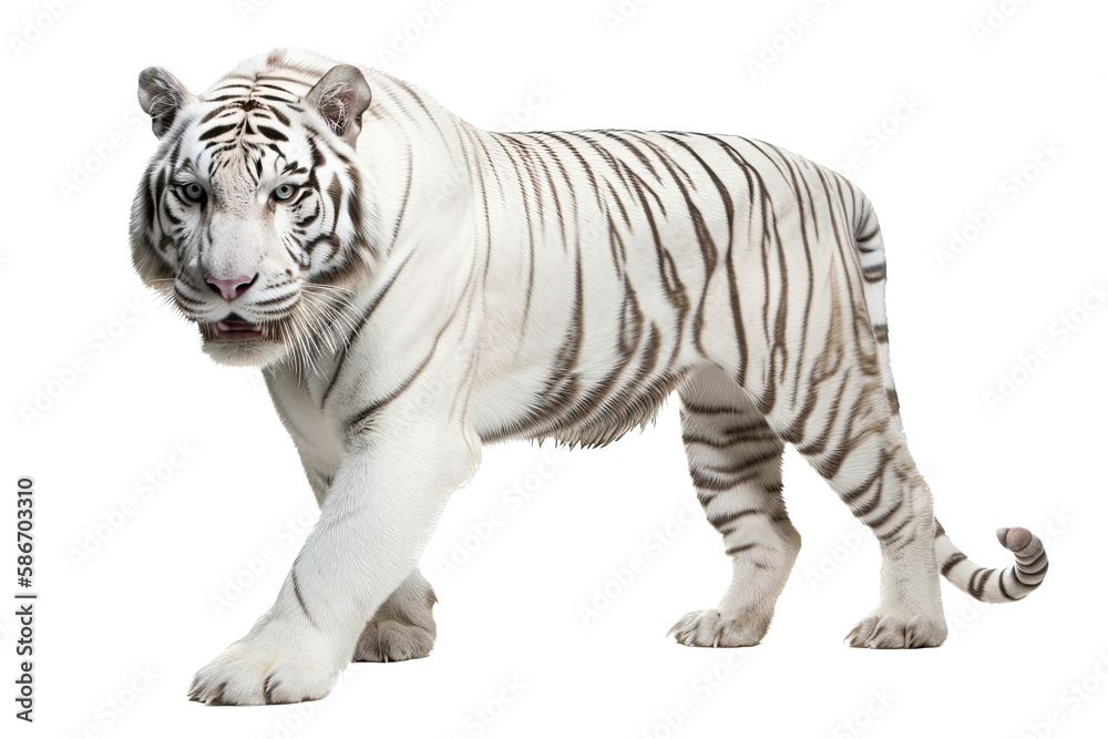 Fototapeta premium an isolated white tiger walking, side-view portrait, jungle-themed photorealistic illustration on a transparent background cutout in PNG, Generative AI
