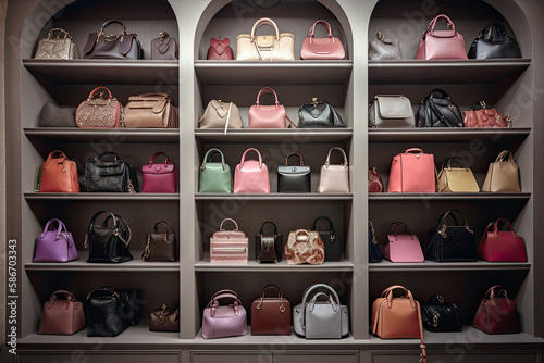 Generative AI Illustration of the interior of a luxury haute couture bag store with different bags in different shapes and colors on the shelves